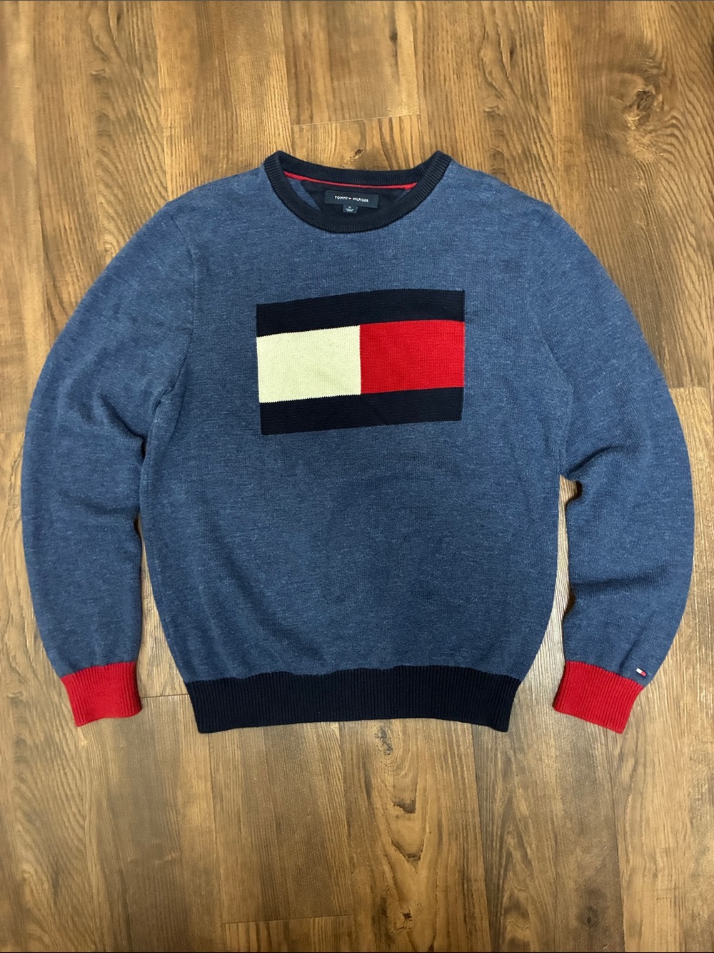 VTG Tommy Hilfiger Big Logo Flag Crewneck Knit Sweater Blue Red Cuffs M